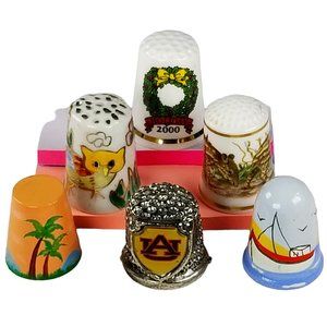Vintage Lot of Six, Ceramic, Porcelain, and Metal Sewing Thimble Collection